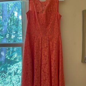 London Times Orange Pink Pleated Midi Dress Scoop Neck